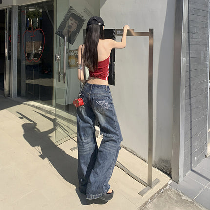Spring and Summer New Retro High Waist Ripped Jeans Women's Loose Slimming Straight All-match Dipped Wide Leg Pants for Women