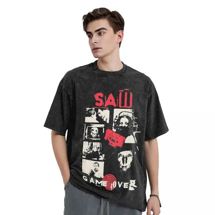 Washed t Shirt Vintage Saw Jigsaw Game Hip Hop Vintage T-Shi