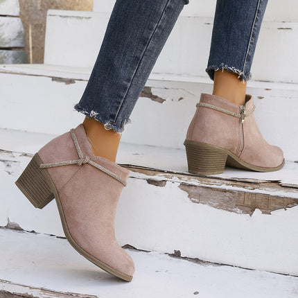 Rhinestone Strap Short Boots Autumn and Winter Fashion Casual Women's Ankle Boots Side Zipper Solid Color Round Toe Chunky Heel Women's Boots