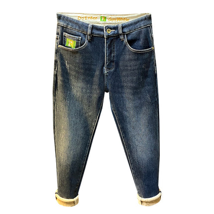Flannel Winter fleece-lined Thickened Jeans Men's New Straight Fleece Warm Slim-fit Small Leg Casual Long Pants