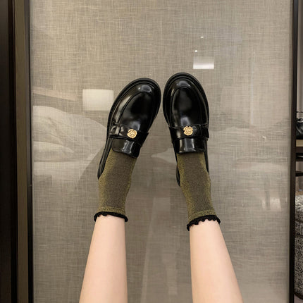 Sheepskin ~ Thick-Soled Small Leather Shoes for Women, Camellia Slip-On Genuine Leather Loafers, British Retro Thick-Heeled Lazy Shoes