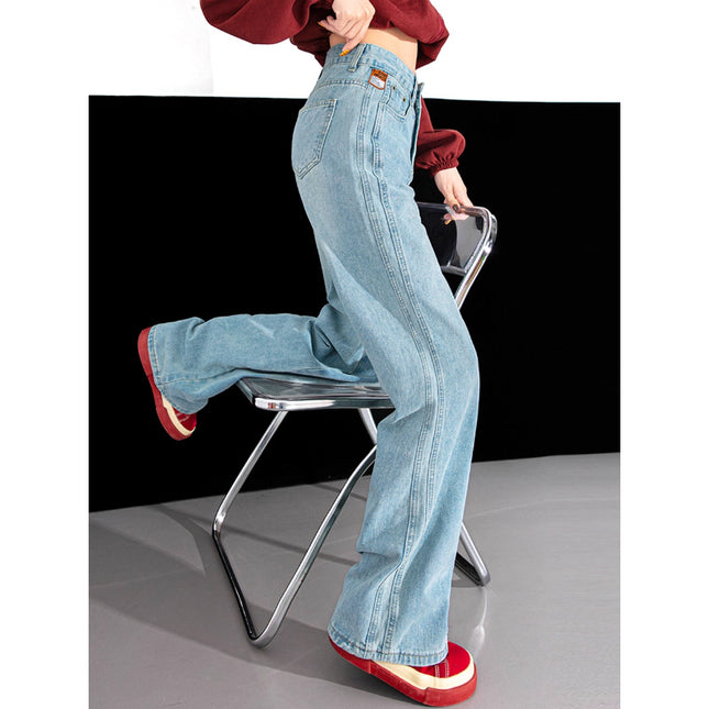 American Retro Washed Distressed Jeans for Women, Autumn High-Waisted Loose Wide-Leg Straight Pants, Floor-Length Trousers
