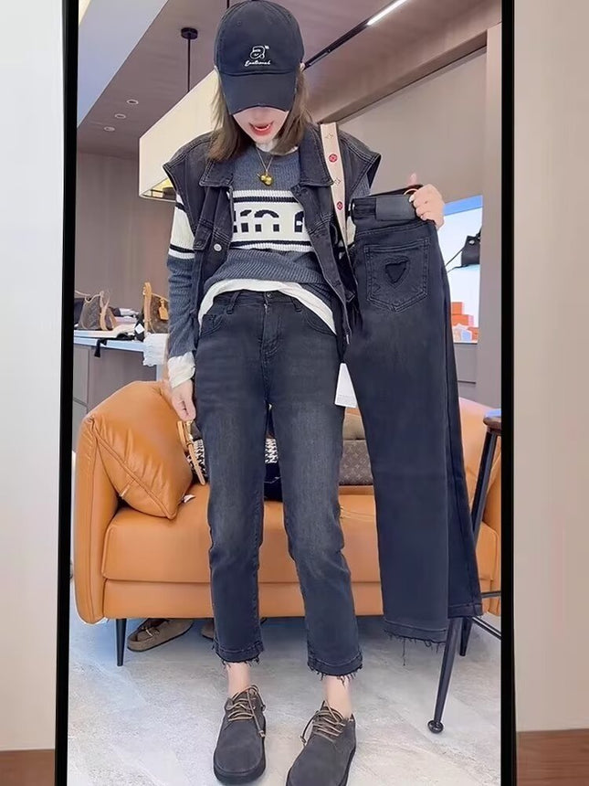 Autumn New High Waist Retro Stretch Straight Jeans plus size Styliky All-match Slim-fit Rouge Cropped Pipe Pants