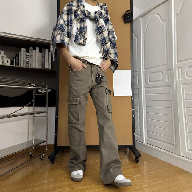 American Retro Clean Fit Slim Straight Jeans for Men Vintage Large Pocket Floor-Length Pants