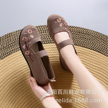 Mother Shoes 2024 Summer Hollow-out Mesh Shoes Polyurethane Middle-aged and Elderly Slip-on Ethnic Style Casual Fly-woven Embroidered Shoes