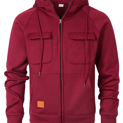 Spring, Autumn and Winter American Workwear Retro Hooded Loose Brushed Sweatshirt for Men, Youth Multi-Flap Pocket Pants Leather Cardigan Jacket