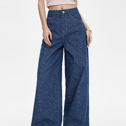 Women's Summer Printed Wide-Leg Denim Casual Pants, Versatile Loose Straight-Leg Floor-Length Pants, High-Waisted and Slimming