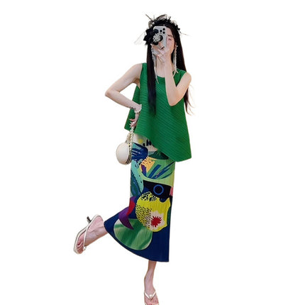 European Fashion Western Style Loose Slim Pleated Green Top Lazy Relaxation Niche suit Skirt