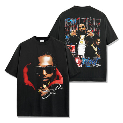 Cross-border American Hip-hop Smoke Pop Smoke Printed Short-sleeved T-shirt Washed Long-sleeved Loose Hooded Sweat for Men