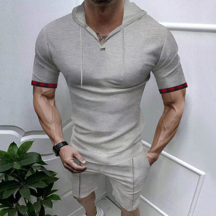 Europe and the United States cross-border summer fast selling Amazon hooded waffle T-shirt men's sports casual short sleeve shorts suit