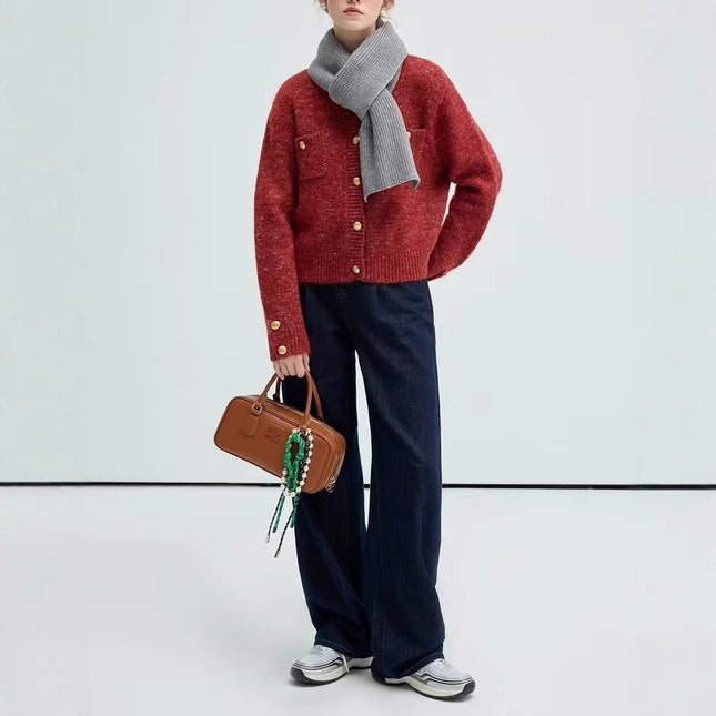 VEG CHAN Red Sweater Women's Autumn and Winter 2024 New Style Chanel Knitted Cardigan Jacket with Sheep Wool