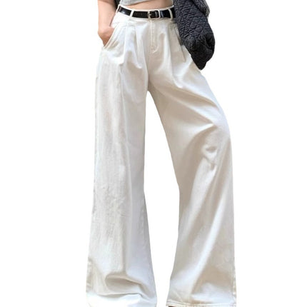 White Wide Leg Jeans Women's Trendy All-match New High Waist Slimming Pleated Lazy Drape Straight Trousers