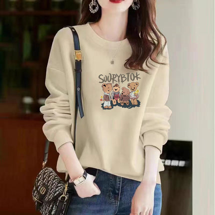 Autumn and Winter All-match Cotton Crewneck Sweater New Casual Printed Cartoon fleece-lined Thickened Base Top for Men and Women