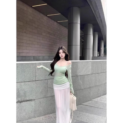 Pure Green Shoulder Long-sleeved T-shirt Women's Spring Thin Slim-fit Blouse Top Stacked with Sling Two-piece Set