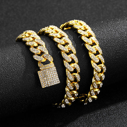 European and American explosives box buckle Cuban chain trend Joker alloy rhinestone 12mm men's necklace metal chain wholesale