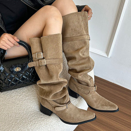 Women's 2025 Autumn/Winter New Vintage Over-The-Knee Long Boots with Pointed Toe and Chunky Heel Slimming Slouch Boots