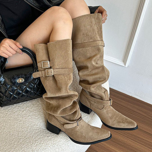 Women's 2025 Autumn/Winter New Vintage Over-The-Knee Long Boots with Pointed Toe and Chunky Heel Slimming Slouch Boots