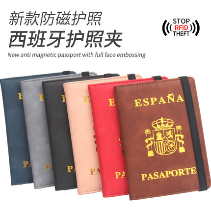 New Spanish Anti-Magnetic Passport Holder with Elastic Band, Leather Passport Cover, High-End Multi-Card Slots for Bank Cards, Passport Cover Set