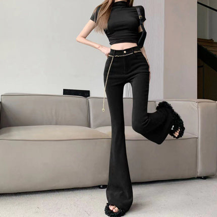 Trendy fashionable all-match high waist slimming chain flared pants cross-border women's autumn new casual mopping horseshoe pants