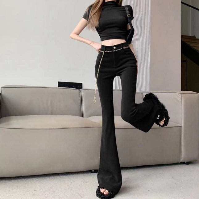 Trendy fashionable all-match high waist slimming chain flared pants cross-border women's autumn new casual mopping horseshoe pants