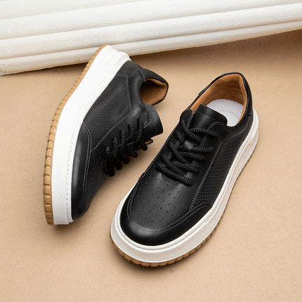 New White Shoes Men's Shoes Fashionable Casual Leather Breathable Hollow-out Low-top Shoes All-match Lightweight Board Shoes with Elevated Thick Sole