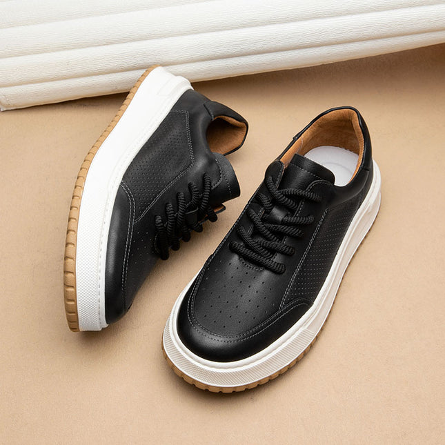 New White Shoes Men's Shoes Fashionable Casual Leather Breathable Hollow-out Low-top Shoes All-match Lightweight Board Shoes with Elevated Thick Sole
