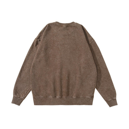 Trendy Brand Heavyweight Pure Cotton Terry 400g Washed Distressed Crew Neck Sweatshirt Hoodie Retro Sweatshirt with Printed Logo