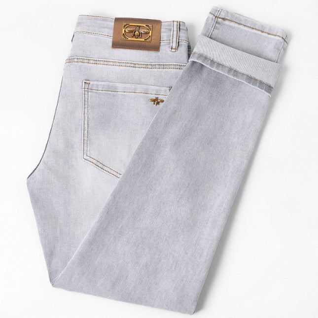 High-end European Spring and Summer New light gray Slim-fit Stretch Casual Trousers All-match Slim-fit Men's Jeans