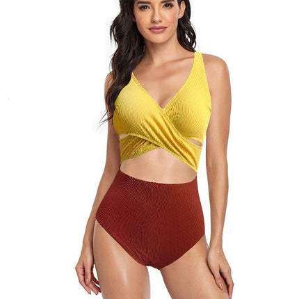 New foreign trade cross-border color matching one-piece swimsuit women's sexy high belt chest pad European and American triangle bikini Amazon