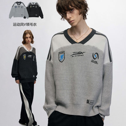 # OVDY Fall/Winter New Sweater Men's Looser Hand Brush Silk Screen Jacquard Street Tide Rovers V-Neck Knitted Shirt