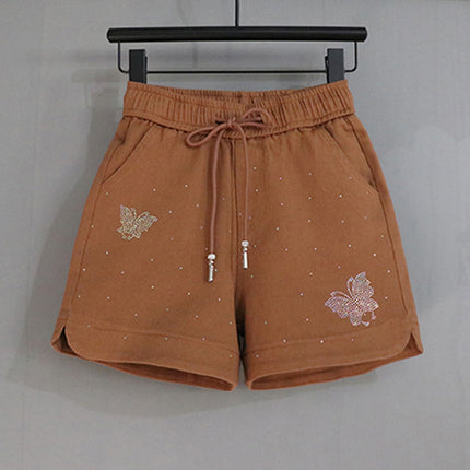 Elastic Waist Shorts Women's Hot Drilling Candy Color Butterfly Denim Wide Leg Pants New Korean Style Slim Look Elastic All-match Hot Pants