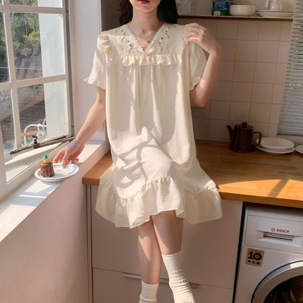 Oh Mi Da Summer New Sweet Court Princess Wind Clouds Cotton Mid-length Women's Short-sleeved dress Home Clothes