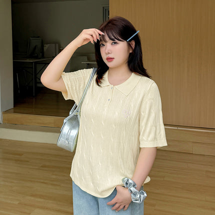 Double Day 2025 Summer New plus size Women's Chubby mmPolo Collar Short Sleeve Twist Simple Knitted Shirt F518