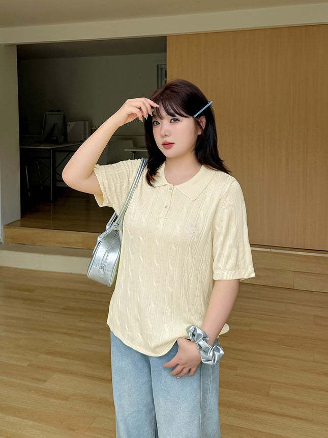 Double Day 2025 Summer New plus size Women's Chubby mmPolo Collar Short Sleeve Twist Simple Knitted Shirt F518