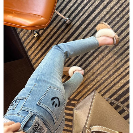Embroidered Smiley Face Light-Colored Straight-Leg Jeans for Women, 2025 Spring New Popular High-Waisted Slim-Fit Cropped Cigarette Pants