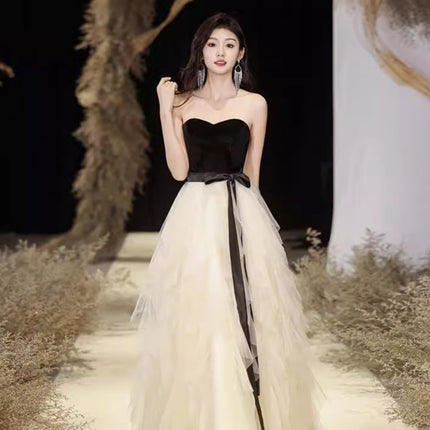 High-end Evening Dress Mesh Patching Dress Women's High-end Texture Socialite Strapless Black Elegant New Style Women's Long Dress