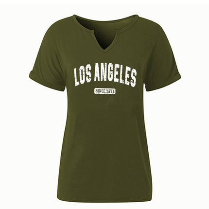 Amazon Spring and Summer New Product V-Neck Rolled Sleeves Los Angeles Letter Positioning Printed Pullover Short Sleeves
