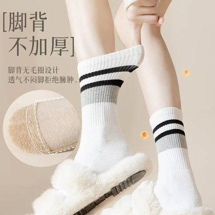 Socks Women's Autumn and Winter Mid-length Socks fleece-lined Thickened Warm terry Towel Bottom Cotton Socks High-tube Fashionable Women's Stockings