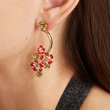 Oscar European and American Style Long Retro Old Flower Enamel Earrings High-End Niche Design Asymmetric Earrings