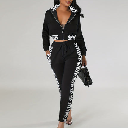 Cross-Border Amazon Women's Spring and Autumn Fashion High-End Casual Suit with Crop Top Zipper and Floral Patchwork Long Pants