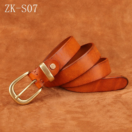 Handmade Vintage Copper Buckle Jeans Versatile Belt for Women Hong Kong Style Top Layer Cowhide Pin Buckle Genuine Leather Belt Vegetable Tanned