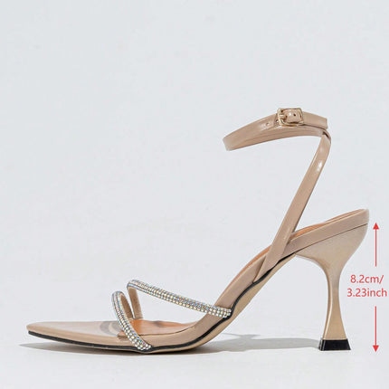 Cross-Border Foreign Trade Women's High-Heeled Sandals with Rhinestone Straps, Contrasting Color Insoles, Wine Glass Heels, Elegant Thin Strap High Heels, Elegant Style
