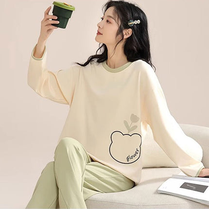 Cute Style Pajamas Women's Spring and Autumn New Cotton Round Neck Long Sleeve Trousers Korean Style Girl's Student Home Clothes suit