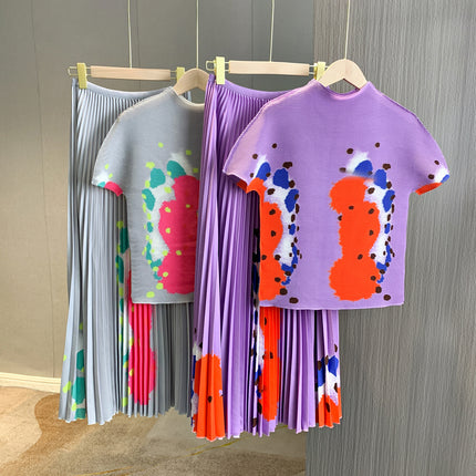 High-End Age-Reducing Skirt Suit for Women, Pleated Series, Quality Printed Top, Pleated Skirt, Long Two-Piece Set