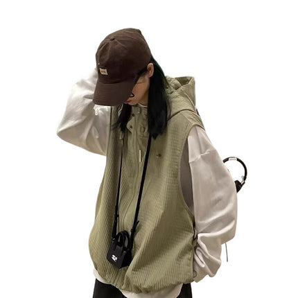 Japanese Style Retro Waffles Hooded Vest Men's and Women's Loose Overalls Sleeveless Stacked Jacket Fashionable navy blue