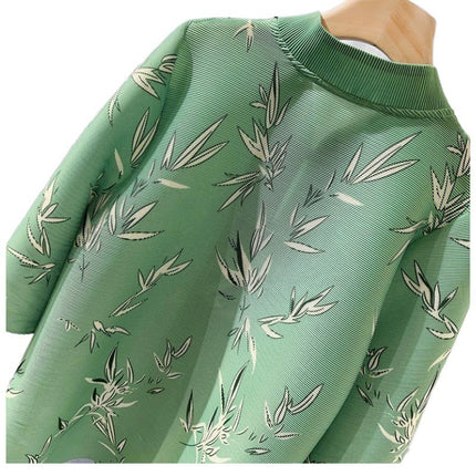 Chenghuan Ji Liu Wanyu's Mother's Same Style Green Bamboo Printed Shirt New Chinese Style Top National Style Pan Mouth Jacket