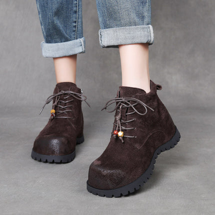 Jishu 25 Autumn and Winter New Top-Layer Cowhide Lace-Up High-Top Women's Shoes, Suede Genuine Leather Retro Beaded Internal Height-Increasing Ankle Boots