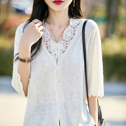 Spring and Summer New French Lace Worsted Wool Thin Cardigan Breathable Cut Out Women's V Neck Quarter-Sleeve Jacket