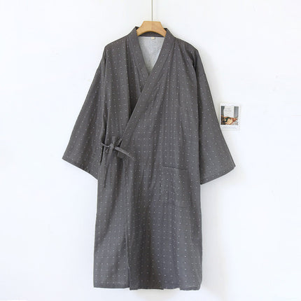 Men's Nightgown, Spring and Autumn Yarn-Dyed Gauze Pajamas, Summer Japanese-Style Kimono, Home Bathing, Steam Therapy, Cotton Bathrobe
