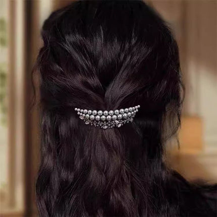 Retro Elegant Pearl Crescent Head Top Exquisite French Hair Half-Tie Spring Clip Internet Celebrity High-end Hairpin